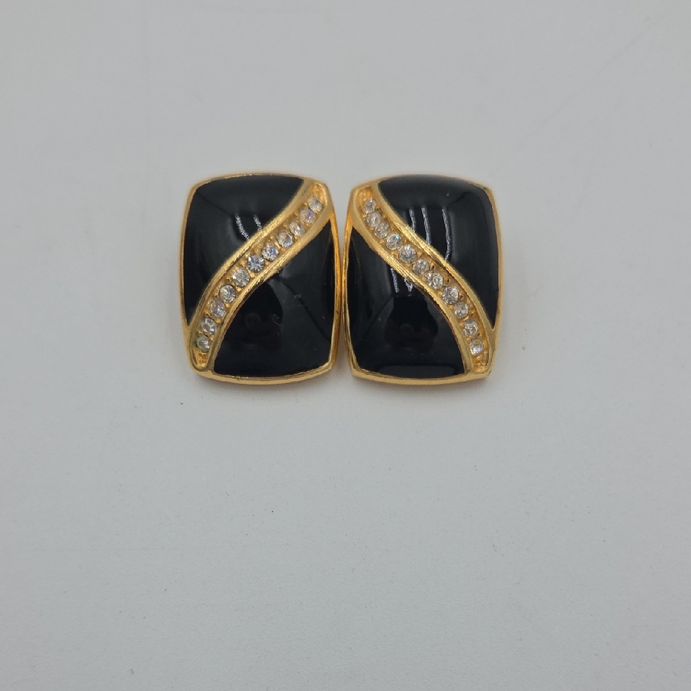 Vintage Christian Dior Gold Tone Black Enamel And Rhinestone Clip On Earrings